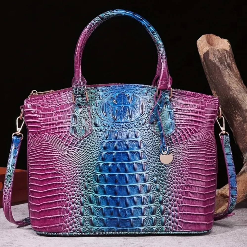 New! TRENDY Multi Blue Fuchsia Hombre Alligator Embossed Satctchel Handbag Purse
